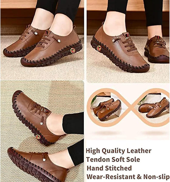 New Ultra Soft faux Women's Leather Soft Bottom Flat Shoes, Orthopedic Shoes for Women Comfort Rubber Sole, Brown, Sz 7