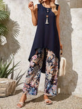New Elegant Summer Pants Set, Solid Color Crew Neck Sleeveless Top & Paisley Print Pants Outfits, Women's Clothing Sz 2X! Fits XL-1X