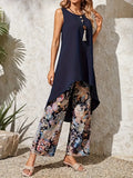 New Elegant Summer Pants Set, Solid Color Crew Neck Sleeveless Top & Paisley Print Pants Outfits, Women's Clothing Sz 2X! Fits XL-1X