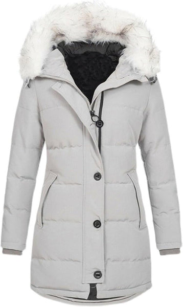 New Women's Fur Hood Parka Jacket Winter Coats Buttons Hooded Puffer Jacket Light Grey! Tag Says 3X, fits like 1X