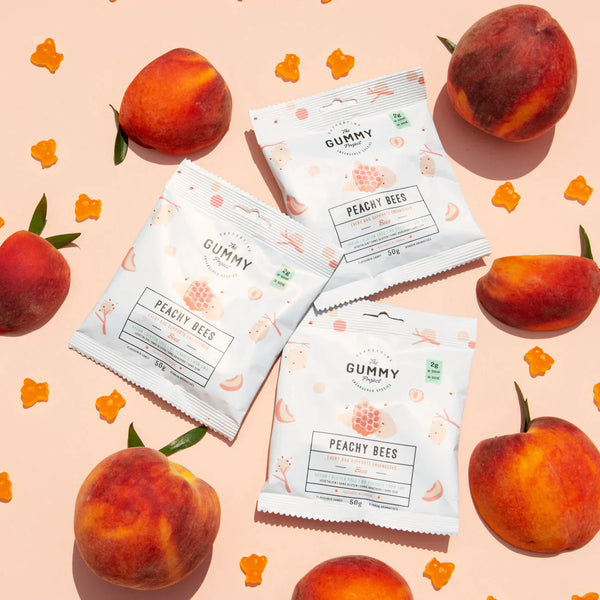 New The Gummy Project - Peachy Bees 50g includes 3 packages! Low sugar, plant based, gluten-free No peanuts, non-GMO, high in fiber Made in Canada BB: 09/24