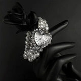 New Diamonds Quartz Watch Double Imitation Pearls Elastic Bracelet Wristwatch Heart Shaped Women's Wristwatch