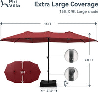 New Amazing PHI VILLA 15 ft. Market Patio Umbrella 2-Side in DARK RED With Base and Sandbags