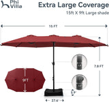 New Amazing PHI VILLA 15 ft. Market Patio Umbrella 2-Side in DARK RED With Base and Sandbags