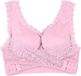 New Women Comfort Wireless Lace Lift Bra Classic Front Cross Side Buckle Yoga Sports Lace Bra, Pink, Sz L