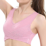 New Women Comfort Wireless Lace Lift Bra Classic Front Cross Side Buckle Yoga Sports Lace Bra, Pink, Sz L