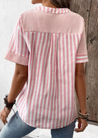 New Pink Patchwork Striped Short Sleeve Split Neck Blouse Linen like material, Sz 2X Retails $45+ (Copy)