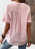 New Pink Patchwork Striped Short Sleeve Split Neck Blouse Linen like material, Sz L Retails $45+