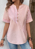 New Pink Patchwork Striped Short Sleeve Split Neck Blouse Linen like material, Sz L Retails $45+