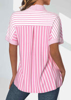 New Women's Pink Pocket Striped Short Sleeve Shirt Sz XL