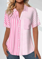 New Women's Pink Pocket Striped Short Sleeve Shirt Sz XL