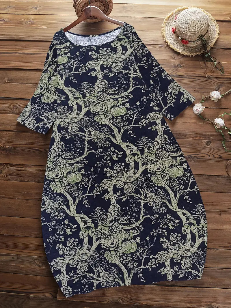 New Plus Size Blue/Green Casual Dress, Women's Plus Floral Print Half Sleeve Round Neck Loose Fit Dress Sz 3X