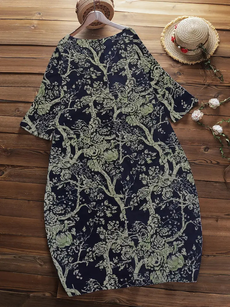 New Plus Size Blue/Green Casual Dress, Women's Plus Floral Print Half Sleeve Round Neck Loose Fit Dress Sz 3X