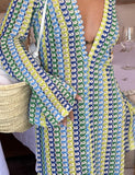 New Perbai Women's Long Sleeve Crochet Knit Maxi Dress Hollow Out Deep V Neck Split Bodycon Beach Vacation Dress sz M