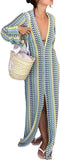 New Perbai Women's Long Sleeve Crochet Knit Maxi Dress Hollow Out Deep V Neck Split Bodycon Beach Vacation Dress sz M