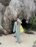 New Perbai Women's Long Sleeve Crochet Knit Maxi Dress Hollow Out Deep V Neck Split Bodycon Beach Vacation Dress sz M