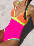 New Retails $64+ popvil Neon Color Block One Piece Bathing Suit for Women Tummy Control V Neck Swimsuit Plunge Shell Trim Swimwear Tie Back Sz L
