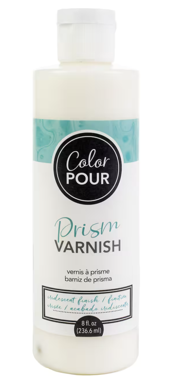 New American Crafts Color Pour Prism Varnish, 8oz. It dries to a iridescent finish. Use it with Color Pour paints, Talc Powder, Cell Magic, and more