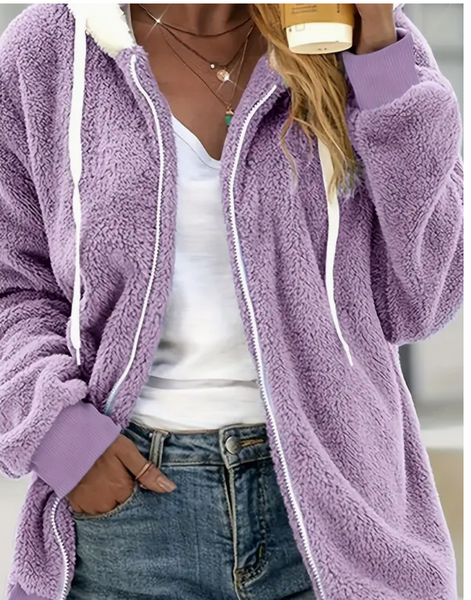 New Women's Zip-up Plush Hoodie - Cozy Long Sleeve Drawstring Hoodie Coat in Purple, Sz XL