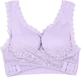 New Women Comfort Wireless Lace Lift Bra Classic Front Cross Side Buckle Yoga Sports Lace Bra, Purple, Sz 3X Fits like a 1X