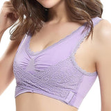 New Women Comfort Wireless Lace Lift Bra Classic Front Cross Side Buckle Yoga Sports Lace Bra, Purple, Sz 3X Fits like a 1X