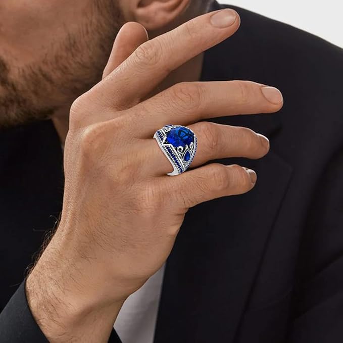 New Retails $171+ PYTALI Sapphire Ring for Men S925 Sterling Silver Oval Blue Sapphire Rings Men Vintage Pattern Sapphire Sz 14 * 17mm Handmade for Men’s Ring Luxury Jewelry Gift Wedding Engagement includes gift box! Sz 14