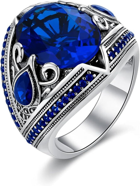 New Retails $171+ PYTALI Sapphire Ring for Men S925 Sterling Silver Oval Blue Sapphire Rings Men Vintage Pattern Sapphire Sz 14 * 17mm Handmade for Men’s Ring Luxury Jewelry Gift Wedding Engagement includes gift box! Sz 14