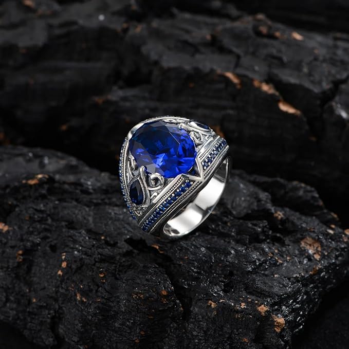 New Retails $171+ PYTALI Sapphire Ring for Men S925 Sterling Silver Oval Blue Sapphire Rings Men Vintage Pattern Sapphire Sz 14 * 17mm Handmade for Men’s Ring Luxury Jewelry Gift Wedding Engagement includes gift box! Sz 14