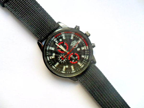 New Unisex Red and Black Faced Quartz Watch Black Canvas Strap