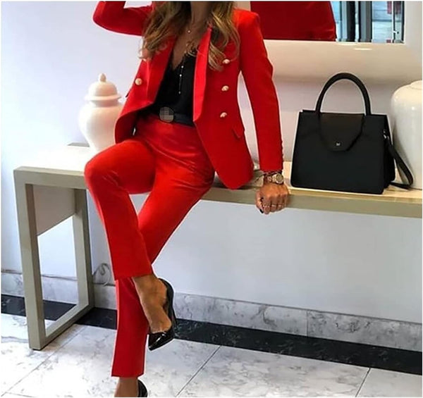 New Women Jacket Blazer Suit Solid Color Two Piece Red, silver accent buttons Sz S