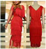 New Red Tassel Dresses Women Sexy V Neck Fringe Cocktail Event Party Outfits Sleeveless Summer Fashion Gowns for Ladies Sz M