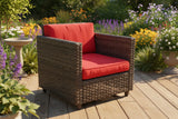 Retails $579+ New Assembled Set of 2 Outdoor Hand Woven Premium Rattan Conversation Chairs with metal frames and Red Cushions