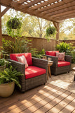 Retails $579+ New Assembled Set of 2 Outdoor Hand Woven Premium Rattan Conversation Chairs with metal frames and Red Cushions