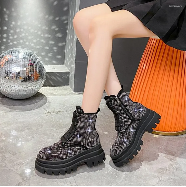 New Women's Shiny Rhinestones Comfort Platform Zipper Booties for Casual Fashion ours are Black, sz 8.5