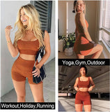 New Buscando Workout-Gym Sets for Women-2-Piece Shorts - Seamless Ribbed High Waist Leggings Sports Bra Top in Coffee Sz S