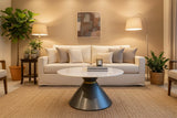 New Retails $499+ Stunning Wayfair Unique Nordic 35.5 inch round Coffee table with plain white composite wood table top and electroplated stainless steel titanium finish base