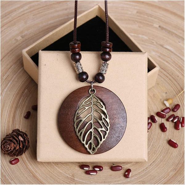 New Women's Handmade Wooden Round Pendant Long Sweater Necklace Famale Bijoux Jewelry Gifts Fashion Accessories (Metal Color : Rudder)