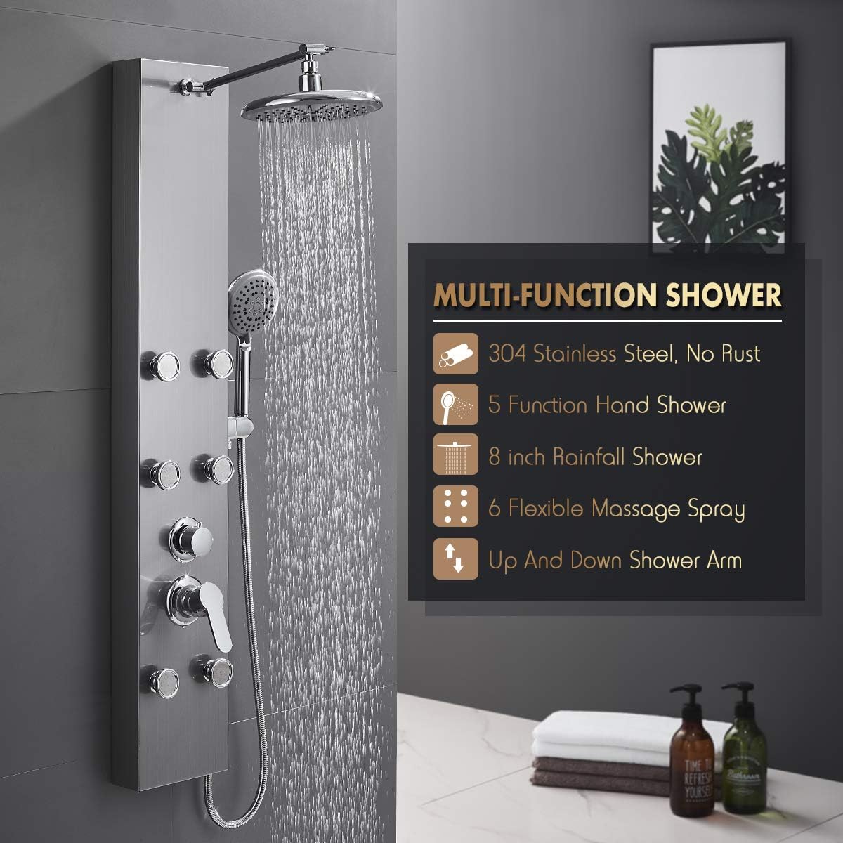 New ROVOGO 304 Stainless Steel Shower Panels System with 8-inch Rainfall Shower, 6 Body Jets and 5-Setting Handheld Shower Wand, Shower Tower with Adjustable Head, Stainless Steel Brushed, Retails $260+