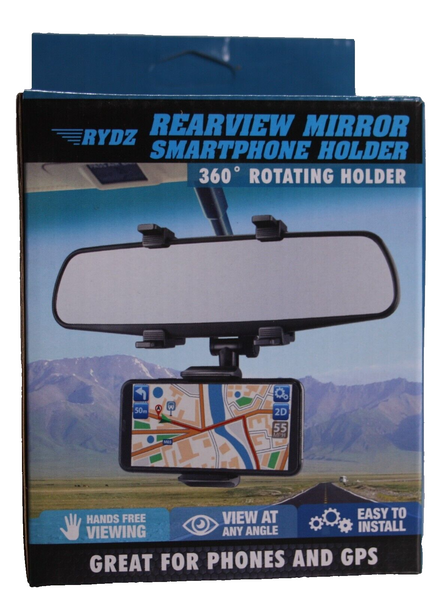 New in box! Rydz Rearview Mirror Smartphone Holder, 360 degree rotating to view at any angle, easy to install!