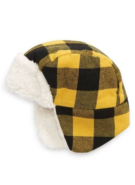 NEW TUCKER + TATE Faux Fur Flight Hat Yellow Freesia Buffalo Plaid For Babies 0-12 Months