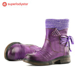 NEW Retails $256, Ladystar Cozy Knit Lace-Up Winter Boots with Side Zipper, Purple, Sz 6
