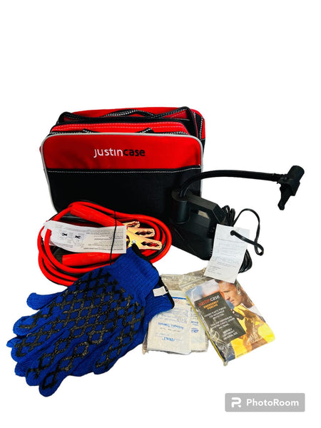 New Justin Case Roadside Emergency kit! Includes compressor, booster cables, first aid & More