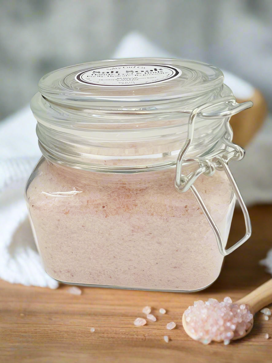 New Salty Girl Co. All Natural Himalayan & Epsom Sea Salt Soak for Hands, Feet & Body, Purify, hydrate & Rejuvenate! Massive 20 Oz Size in reusable glass airtight jar! BN
