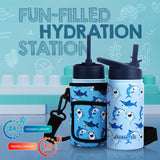 NEW FAHRMOSIS 14 OZ Kids Water Bottle with Straw, Sleeve, & 2 Lids (Flip & Spout) Leak Proof Metal Insulated Stainless Steel Reusable Tumbler for School & Sports Water Bottle - Blue (Shark)