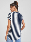New SHEIN LUNE Notch Neck Batwing Sleeve Two Tone Striped Top Navy white Sz XXL