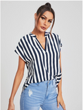 New SHEIN LUNE Notch Neck Batwing Sleeve Two Tone Striped Top Navy white Sz XXL