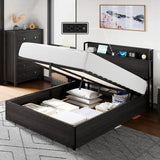 New in box! Retails $640+ Wayfair Trent Austin Shila Bed Base with lift up storage and Charging Station, Queen, Charcoal Black