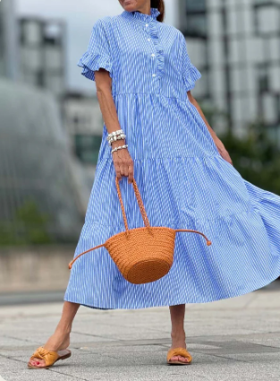 NEW Retails $106 Ruffle Placket Maxi Blue Dress, Sz L