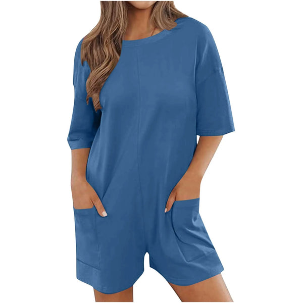New Ultra Comfy & Stretchy Besolor Women's Summer Casual Rompers Short Sleeve Short Jumpsuits Crew Neck Overalls Lounge Romper with Pockets Blue Sz M