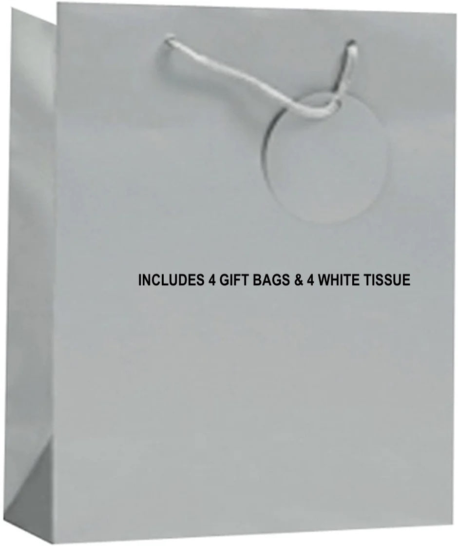New 4 Pack Small/Medium Silver Gift Bags with Silver Ribbon Handles, Attached Round Gift Tags & 4 Pack White Tissue!